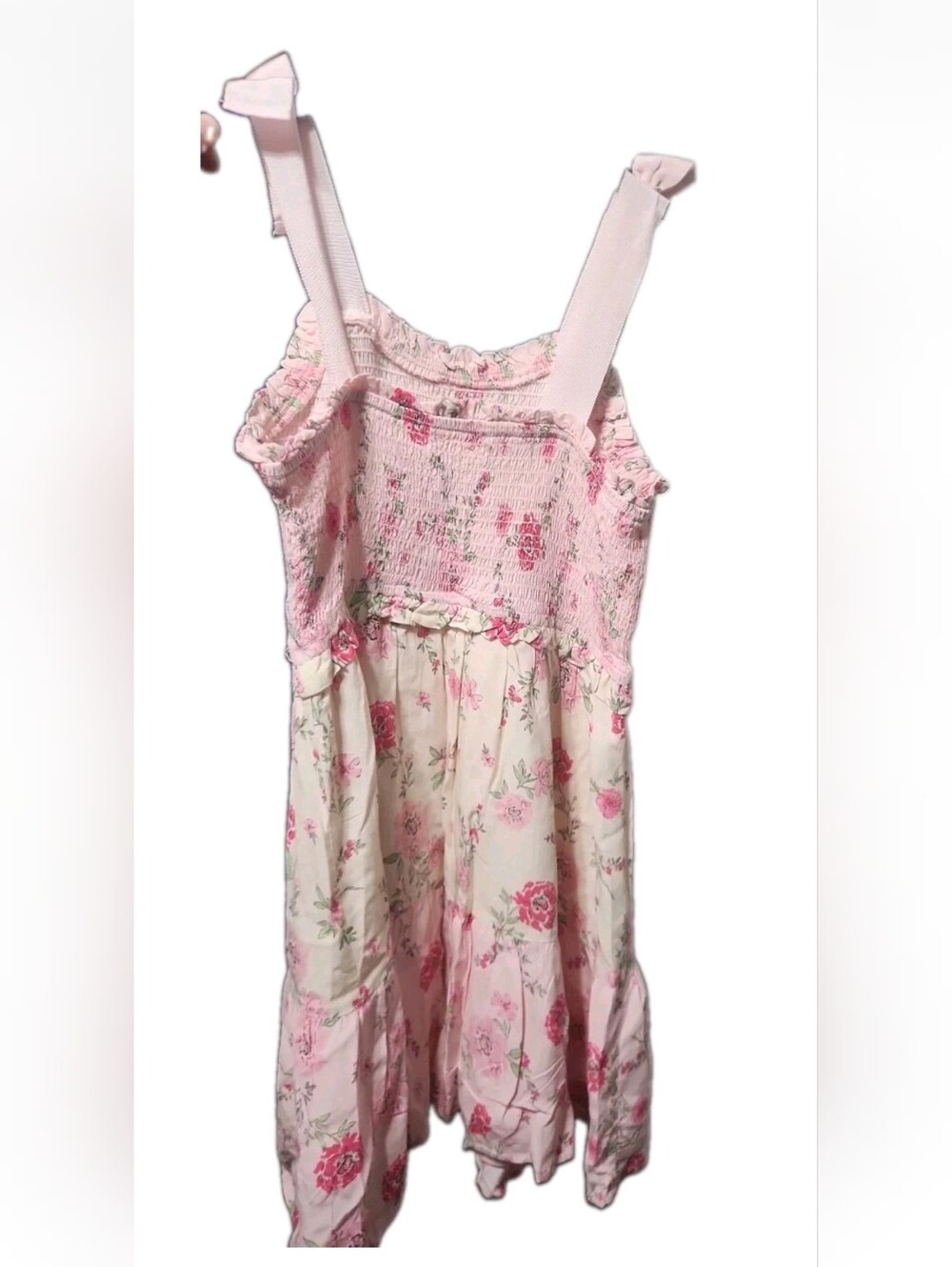 Sz 10 L Japna Girls Cottagecore Floral Bow Summer Boho Dress Ruffle Stretch Pink